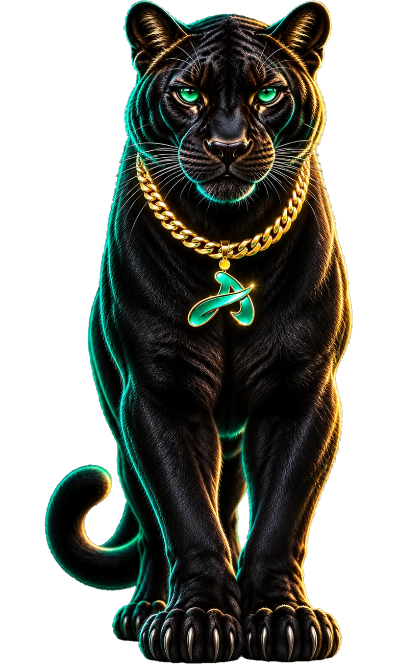 The IDigitalAKKi panther standing tall, wearing the gold chain and emerald A locket